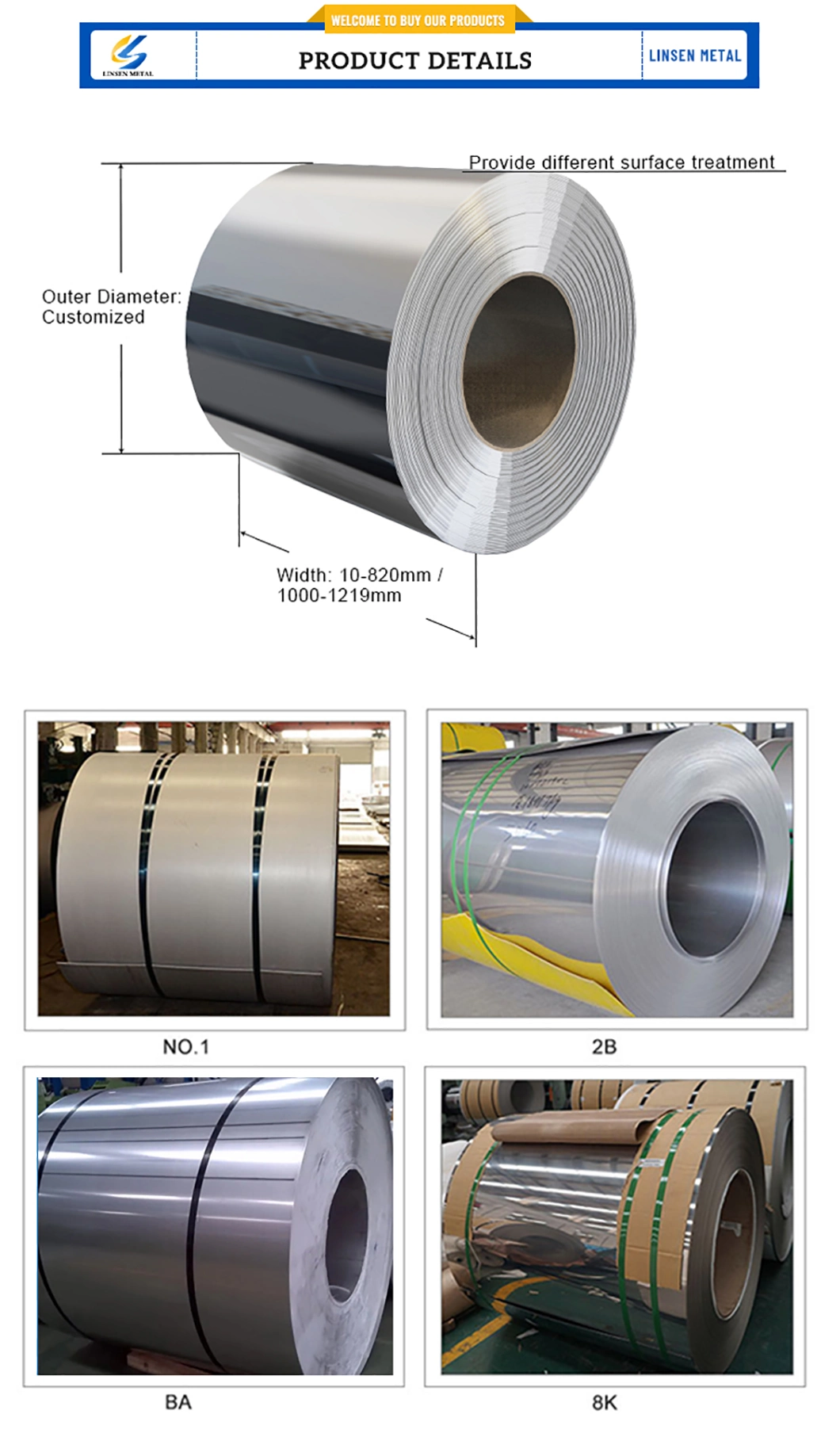 ASTM 304 316 316L 321 310S Ba 2b 2D 6K 8K No. 1 No. 4 Hl Embossed Surface/Finish 200/300/400 Series 0.3mm 0.45mm 0.5mm 0.75mm 1mm 2mm 3mm Stainless Steel Coil